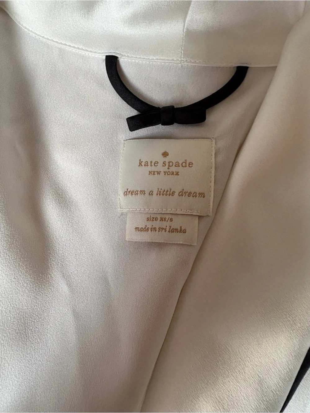 Kate Spade Mrs Embroidered Satin Robe with Black Piping - White